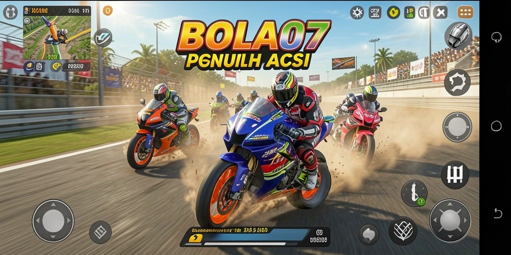 Screenshot gameplay BOLA07 menampilkan balapan motor cepat dan mendebarkan.