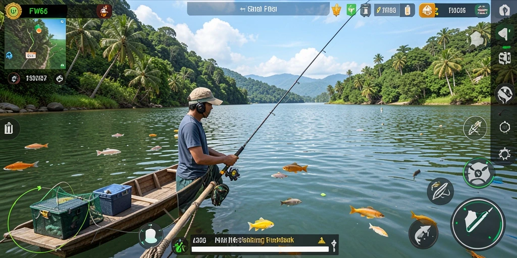Screenshot gameplay FW66 menampilkan aksi menangkap ikan yang mendebarkan.