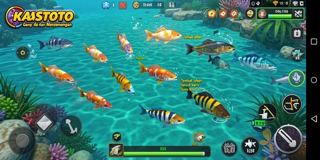 Screenshot KASTOTO menampilkan aksi menembak ikan yang seru.