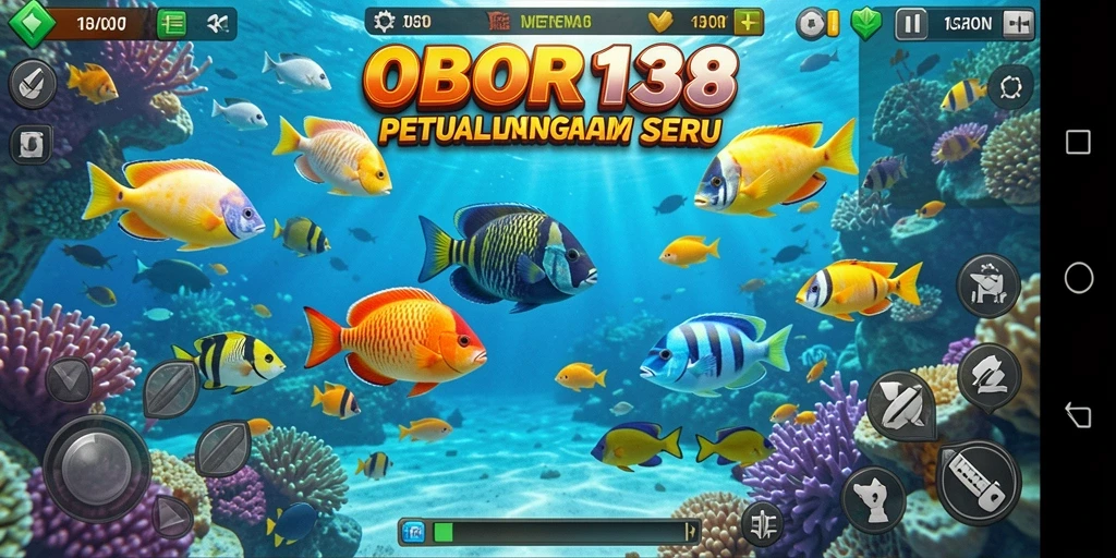 Screenshot gameplay OBOR138 menampilkan aksi menembak ikan di bawah laut.