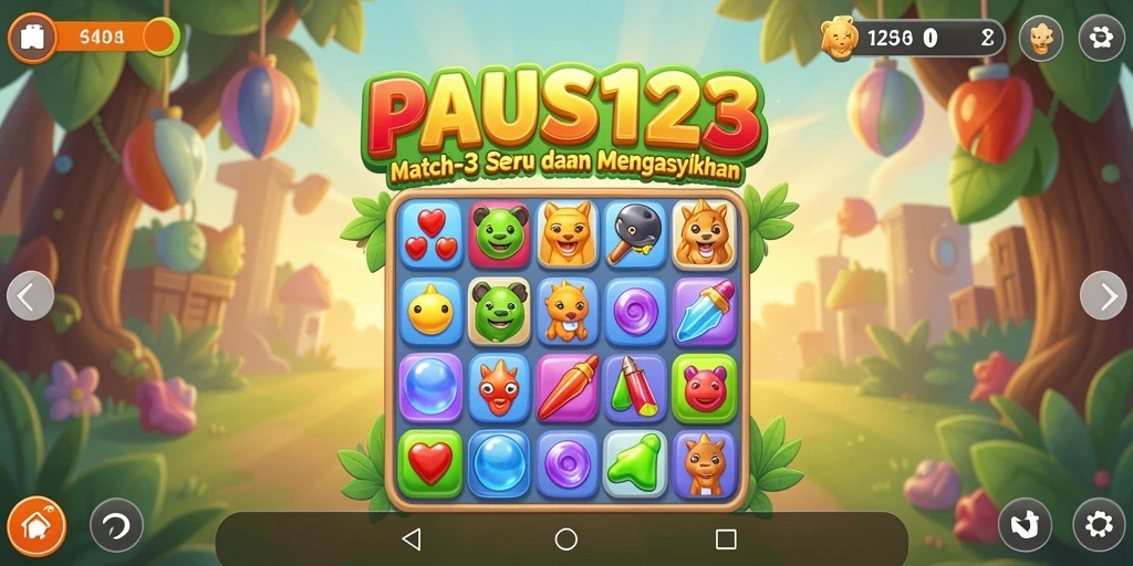 Tangkapan layar utama PAUS123 menampilkan gameplay Match-3 yang menarik.
