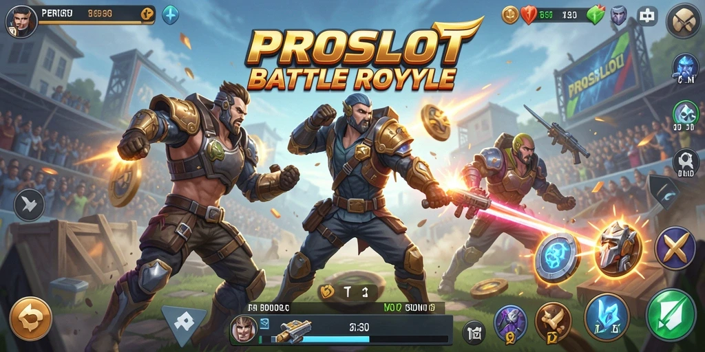 Tangkapan layar gameplay PROSLOT menunjukkan aksi Battle Royale yang mendebarkan.