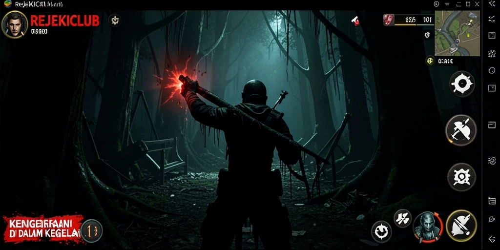 Tampilan menyeramkan gameplay REJEKICLUB saat menjelajah kegelapan.