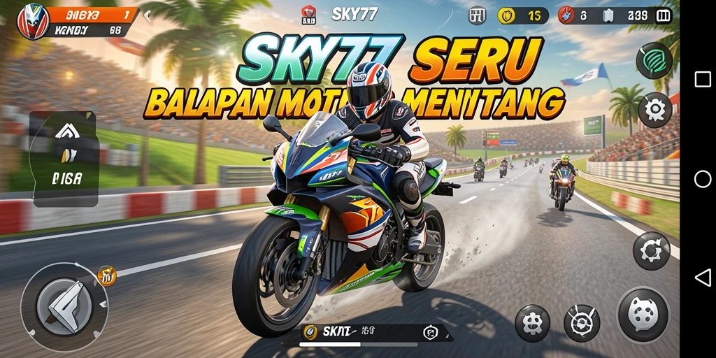 Tangkapan layar gameplay <strong>SKY77</strong> menampilkan balapan motor yang intens dan seru.