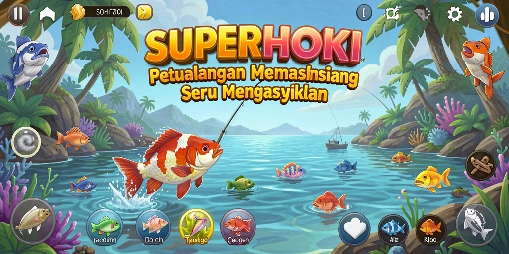 Gameplay SUPERHOKI dengan grafis memukau saat memancing.